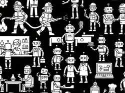 Detail of an image of a community of robots interacting and performing various jobs
