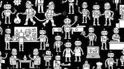 Detail of an image of a community of robots interacting and performing various jobs