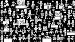 Busy community of robots performing jobs and interacting