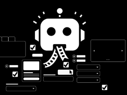 Illustration of a robot with ribbon coming out of its mouth, surrounded by UI components