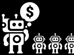 Illustration of a leader robot thinking about money alongside its robot team