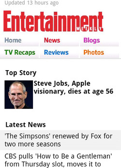 Original Entertainment Weekly mobile homepage