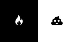 Polarized, binary culture: an image of a flame on a black background in contrast with the poo emoji on white background.-2