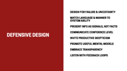 A slide listing Josh Clark's principles for defensive design and AI.