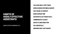 Slide titled "Habits of highly effective assistants" listing design principles for AI assistants
