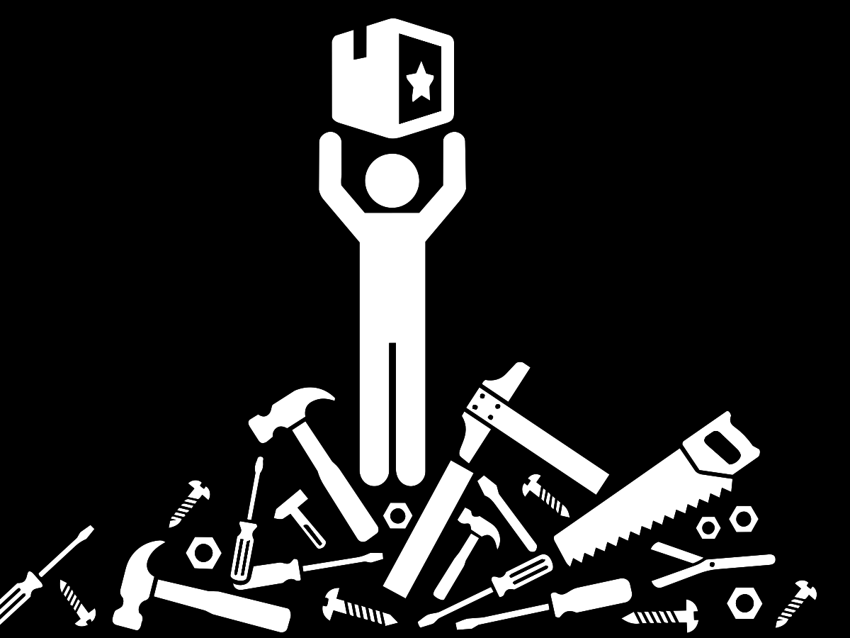 Look up from your tools: promo illustration of a person holding a product aloft, standing on a pile of discarded tools