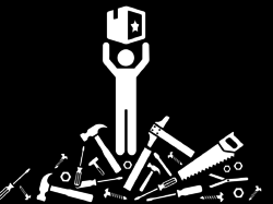 Look up from your tools: promo illustration of a person holding a product aloft, standing on a pile of discarded tools