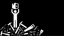 Look up from your tools: spotlight illustration of a person holding a product aloft, standing on a pile of discarded tools