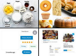 A 4-panel diagram. The top left shows labeled food ingredients like eggs, sugar, vanilla, milk, flour, and salt. The top right shows recipes that can be made with those ingredients, like donuts, cookies, croissants, muffins, and cakes. The bottom left shows design system components like buttons, cards, badges, and avatars. The bottom right shows three different card recipes that use the design system components.