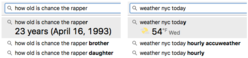 Search-bar results for birthday and weather