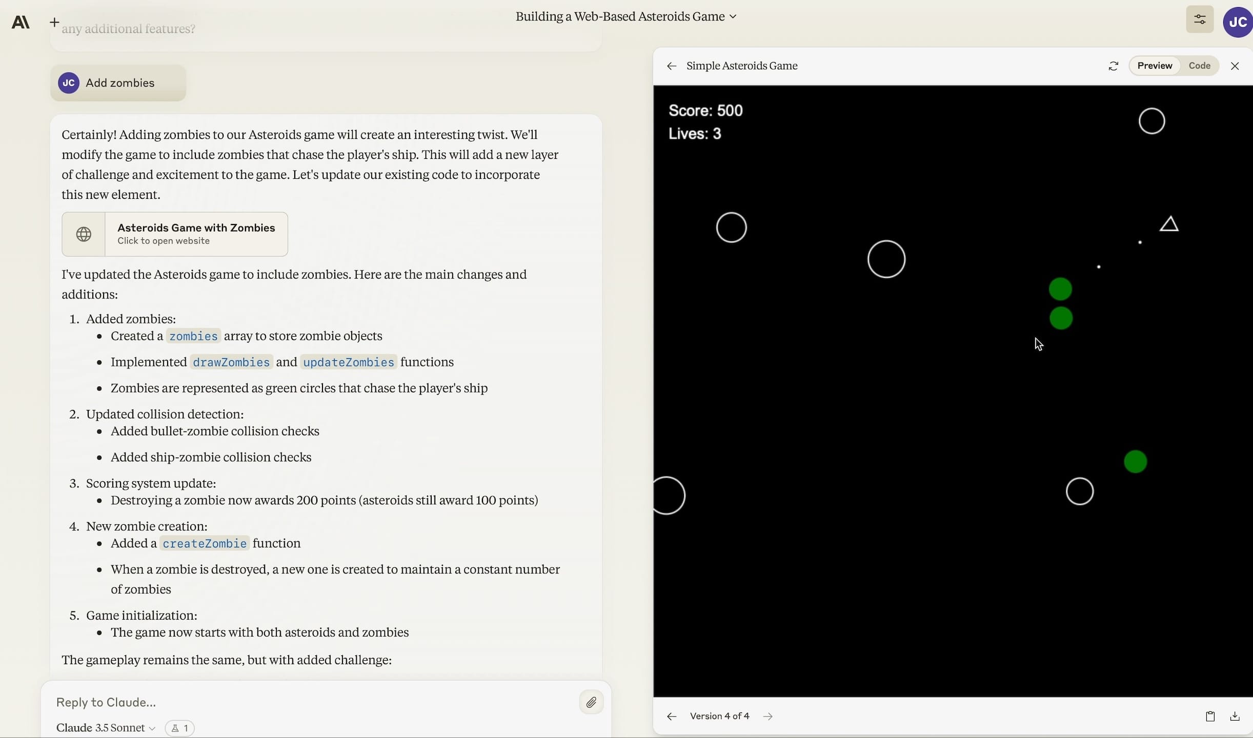 Screenshot of an Asteroids game manifested on demand by Claude… with zombies.