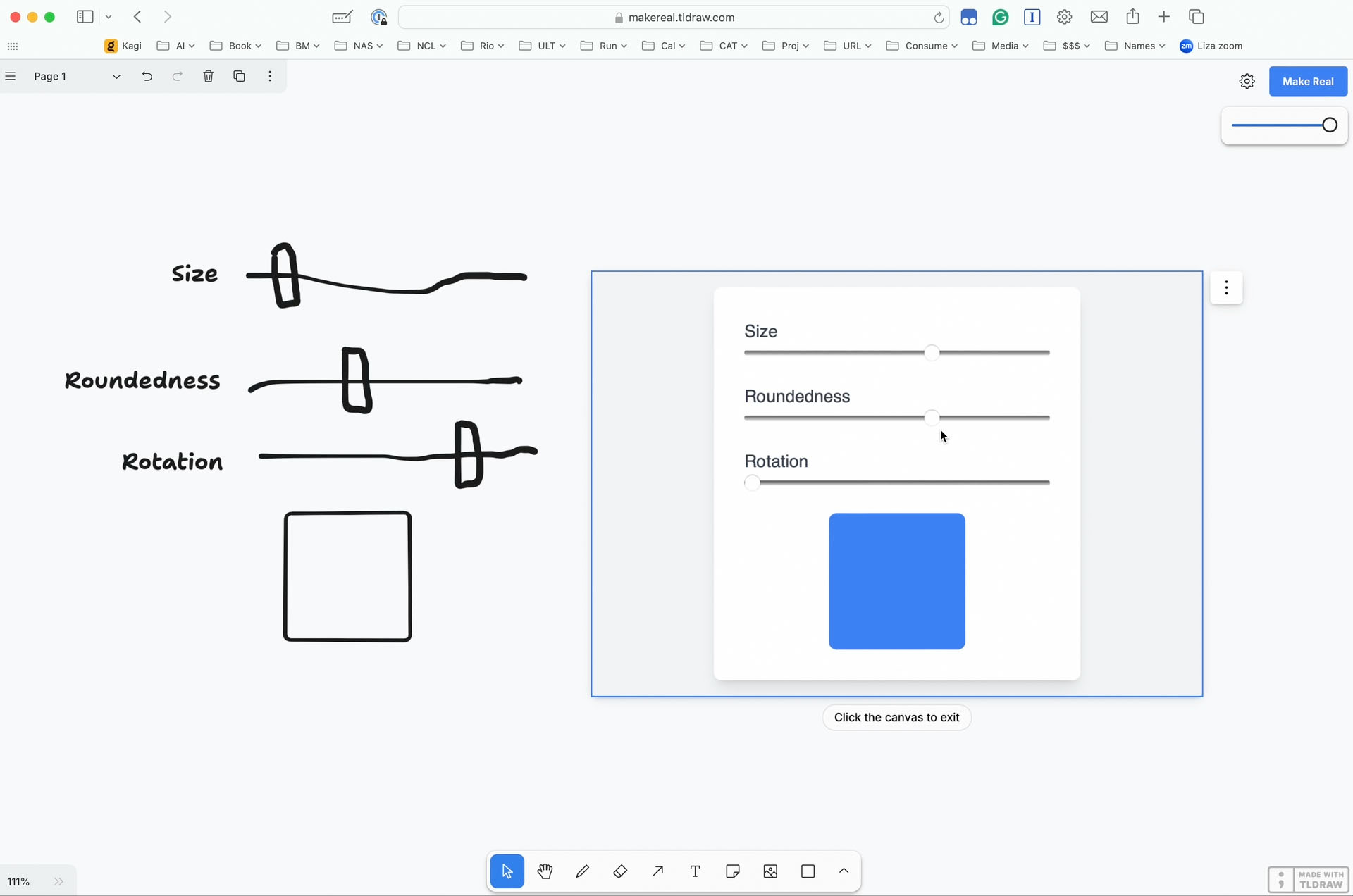 Photo of an interface sketch in tldraw, next to the generated working prototype.